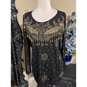 Bali Chic Long Sleeve Embellished Pullover Shirt, Blouse Size One Size